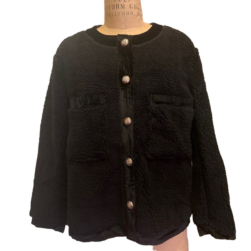 Women’s Black Fuzzy Faux Fur Velvet Trim Button Down Cardigan Sweater Size M